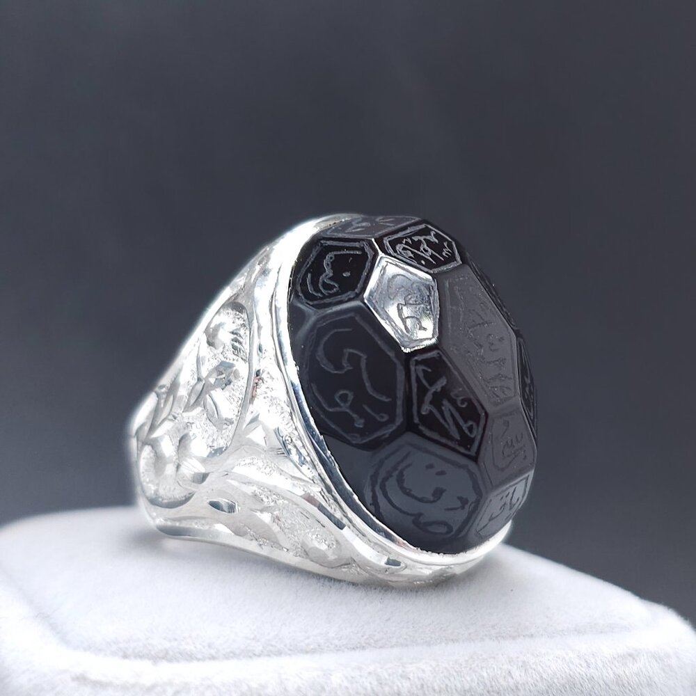 Aqeeq Ring for Men, Sterling Silver, 12 Imam Names